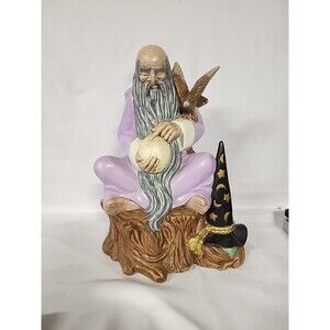 Vintage Wizard Merlin Ceramic Figure Statue With Hawk & Crystal Ball - Lavender